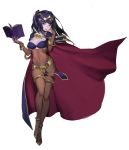  1girl bangs black_hair bodysuit breasts bridal_gauntlets cape cleavage fire_emblem fire_emblem:_kakusei highres jewelry large_breasts long_hair looking_at_viewer medium_breasts solo tharja tiara two_side_up violet_eyes white_background wtcolor 