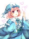  1girl :d bangs blue_hat blue_ribbon blush breasts butterfly eyebrows_visible_through_hair hand_up hat highres karasusou_nano long_sleeves medium_breasts mob_cap neck_ribbon open_mouth pink_hair ribbon saigyouji_yuyuko sash short_hair simple_background smile solo touhou triangular_headpiece upper_body violet_eyes white_background wide_sleeves 