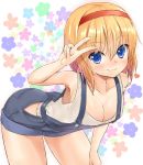  1girl alice_margatroid alternate_costume bare_arms bent_over blonde_hair blue_eyes blush breasts cleavage closed_mouth hairband heart highres looking_at_viewer medium_breasts overalls red_hairband shiron_(e1na1e2lu2ne3ru3) smile solo suspenders tank_top touhou v 