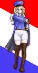  1girl bangs bc_freedom_(emblem) belt bike_shorts black_boots blouse blue_blouse blue_coat blue_hat boots closed_mouth drawing_sword flag_background french_flag full_body girls_und_panzer hat highres holding holding_weapon light_frown long_hair looking_at_viewer panties_under_bike_shorts scabbard shadow sheath shorts solo thigh-highs thigh_boots uniform weapon white_shorts yoyokkun 