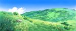  blue_sky bush clouds commentary day field flower highres hill hirota_(masasiv3) mountain nature no_humans outdoors rock scenery sky 