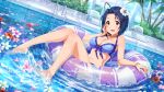  1girl ahoge artist_request bare_shoulders barefoot bikini blue_bikini blue_hair blush bracelet breasts cleavage day feet flower hair_flower hair_ornament idolmaster idolmaster_million_live! idolmaster_million_live!_theater_days innertube jewelry looking_at_viewer miura_azusa navel necklace official_art outdoors palm_tree partially_submerged pool pool_ladder red_eyes short_hair smile solo splashing sunlight swimsuit toes tree water wet 