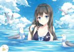  1girl bird black_hair blue_eyes blush breasts cleavage closed_mouth collarbone eyebrows_visible_through_hair long_hair looking_at_viewer medium_breasts original partially_submerged seagull smile solo swimsuit upper_body yukinoshita_(shaonjishi) 