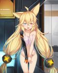 1girl :d absurdres ahoge animal_ears barcode blonde_hair blue_eyes blush breast_squeeze breasts camisole cleavage collarbone cowboy_shot english eyebrows_visible_through_hair fang g41_(girls_frontline) girls_frontline hair_between_eyes hallohi heart heart-shaped_pupils heterochromia highres long_hair looking_at_viewer low_twintails mechanical_arm navel off_shoulder open_mouth panties red_eyes smile solo symbol-shaped_pupils twintails underwear v_arms very_long_hair white_panties 