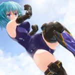  1girl black_gloves black_legwear blue_hair blush breasts covered_navel dd_(ijigendd) elbow_gloves eyebrows_visible_through_hair frame_arms_girl gloves gradient highres hresvelgr large_breasts mecha_musume short_hair solo swimsuit thigh-highs violet_eyes 