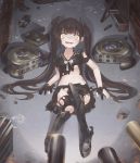  1girl @_@ armor armored_boots black_gloves black_hair black_legwear black_shirt black_skirt boots bow breasts bruise commentary crying crying_with_eyes_open eyebrows_visible_through_hair fangs girls_frontline glint gloves groin gun head_tilt injury jakoujika long_hair medium_breasts on_ground ouroboros_(girls_frontline) sailor_collar shirt silhouette sitting skirt solo_focus tears thigh-highs torn_clothes torn_gloves torn_shirt torn_skirt torn_thighhighs twintails very_long_hair weapon white_bow yellow_eyes 