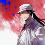  1boy black_hair blue_background formal frown fullmetal_alchemist hat long_hair looking_away male_focus necktie ponytail red_background red_eyes riru scarf shaded_face simple_background smile solf_j_kimblee solo_focus suit 