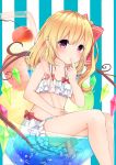  1girl bangs bare_arms bare_legs between_legs bikini blonde_hair blush bow bubble cherry drinking_straw eyebrows_visible_through_hair finger_in_mouth flandre_scarlet food frilled_bikini frills fruit hair_bow hand_up highres ice_cream karasusou_nano looking_at_viewer pink_eyes red_bow side_ponytail sitting solo striped striped_background swimsuit touhou vertical-striped_background vertical_stripes water white_bikini 