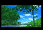  blue_sky border clouds cloudy_sky commentary_request day forest grass highres hirota_(masasiv3) nature no_humans outdoors railing road scenery sky tree windowboxed 