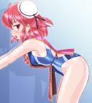  1girl bandage blue_swimsuit breasts bun_cover competition_swimsuit cowboy_shot double_bun hair_bun ibaraki_kasen leaning_forward one-piece_swimsuit pink_hair profile red_eyes short_hair solo swimsuit swimsuit_under_clothes tabard touhou winn 
