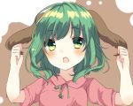 1girl :o animal_ears arms_up bangs blush eyebrows_visible_through_hair green_eyes green_hair holding_ears karasusou_nano kasodani_kyouko looking_at_viewer multicolored multicolored_background open_mouth short_hair short_sleeves solo touhou two-tone_background upper_body 
