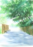  bench car commentary_request day fence ground_vehicle highres hirota_(masasiv3) motor_vehicle mountain no_humans outdoors path road scenery sky tree 