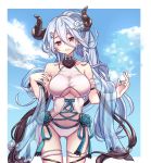  1girl alternate_hairstyle awa_(ngkh02) bare_shoulders blue_hair blue_rose blush border breasts clouds collarbone doraf flower gluteal_fold granblue_fantasy hair_between_eyes hair_flower hair_ornament head_tilt highres horns izmir large_breasts long_hair looking_at_viewer mole mole_under_mouth navel outside_border parted_lips pointy_ears ponytail red_eyes rose sky snowflakes solo swimsuit very_long_hair white_swimsuit 