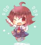  1girl ahoge arashi_(kantai_collection) black_skirt blue_background chibi full_body gloves jumping kantai_collection kouu_hiyoyo neckerchief open_mouth pleated_skirt red_eyes red_neckerchief redhead short_hair simple_background skirt smile solo vest white_gloves 