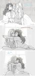  2girls artist_name breasts cleavage comic diana_cavendish english groin heart highres hug imminent_kiss kagari_atsuko kiss little_witch_academia long_hair messy_hair midriff multiple_girls sleepy spoken_heart ticcy yuri 