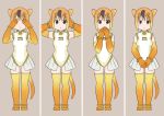  1girl black_eyes blush circlet commentary_request covering covering_crotch covering_ears covering_eyes covering_mouth elbow_gloves gloves golden_snub-nosed_monkey_(kemono_friends) highleg highleg_leotard kemono_friends leotard looking_at_viewer momosuke_(ishakry) monkey_ears monkey_tail orange_gloves orange_hair orange_legwear tail thigh-highs three_monkeys 