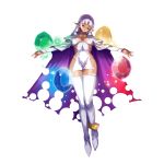  1girl arcana_heart arcana_heart_2 artist_request breasts cape cleavage closed_eyes dark_skin elf erect_nipples gem large_breasts long_hair no_bra no_panties official_art parace_l&#039;sia pointy_ears sky smile solo thigh-highs torn_cape white_hair white_legwear 