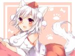  1girl :d animal_ears bangs blush bone_print breasts brown_eyes commentary_request detached_sleeves hat inubashiri_momiji karasusou_nano looking_at_viewer medium_breasts open_mouth paw_print pom_pom_(clothes) red_skirt short_hair skirt smile solo tail tokin_hat touhou white_hair wolf_ears wolf_tail 