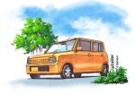  blue_sky car clouds cloudy_sky commentary_request day grass ground_vehicle highres hirota_(masasiv3) motor_vehicle no_humans original outdoors scenery sky tree 