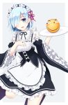  1girl bare_shoulders blue_eyes blue_hair blush breasts detached_sleeves eyebrows_visible_through_hair hair_ornament hair_over_one_eye hand_on_own_chest highres holding holding_tray looking_at_viewer maid_headdress medium_breasts no_legwear parted_lips re:zero_kara_hajimeru_isekai_seikatsu rem_(re:zero) short_hair smile solo tray x_hair_ornament yukinoshita_(shaonjishi) 