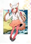  10s 1girl bangs blunt_bangs gloves head_wings highres japanese_crested_ibis_(kemono_friends) kemono_friends long_sleeves multicolored_hair pantyhose pleated_skirt red_legwear redhead shirt skirt solo tail two-tone_hair umigarasu_(kitsune1963) white_hair yellow_eyes 