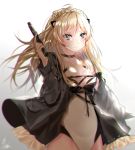  1girl blonde_hair blue_eyes blush braid breasts choker cleavage closed_mouth collarbone eyebrows_visible_through_hair girls_frontline gun handgun holding holding_gun holding_weapon k5_(girls_frontline) kimpeul long_hair looking_at_viewer medium_breasts pistol smile solo standing weapon 