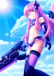  1girl blue_eyes breasts cleavage clouds day elbow_gloves eyebrows eyebrows_visible_through_hair gloves hair_ornament highres long_hair looking_at_viewer navel nepgear neptune_(series) pink_hair purple_sister sky small_breasts smile solmyr2000 solo sword symbol-shaped_pupils very_long_hair violet_eyes weapon 