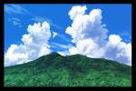  blue_sky border clouds commentary day forest highres hirota_(masasiv3) mountain nature no_humans outdoors scenery sky windowboxed 