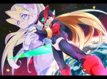  1boy 1girl android blonde_hair blue_eyes bodysuit boots bracer ciel_(rockman) commentary_request earth energy_sword green_eyes helmet knee_boots kon_(kin219) long_hair planet ponytail projected_inset rockman rockman_zero space sword very_long_hair weapon zero_(rockman) 