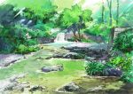  commentary day highres hirota_(masasiv3) nature no_humans outdoors river rock scenery tree water water_surface waterfall 
