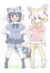  &gt;:d 10s :3 :d animal_ears black_skirt blonde_hair bow bowtie breasts brown_eyes commentary_request common_raccoon_(kemono_friends) elbow_gloves fangs fennec_(kemono_friends) fox_ears fox_tail full_body fur_collar fur_trim gloves grey_hair grey_shirt hand_on_hip hands_on_hips intertwined_tails kemono_friends legs_apart looking_at_viewer mitsumoto_jouji multicolored_hair open_mouth pantyhose pink_shirt puffy_short_sleeves puffy_sleeves raccoon_ears raccoon_tail shirt short_hair short_sleeves simple_background skirt smile tail thigh-highs white_background white_hair white_skirt yellow_legwear 