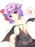  anger_vein back bangs bare_legs bare_shoulders bat_wings black_dress black_wings blush bow closed_mouth dress eyebrows_visible_through_hair from_behind hat hat_bow karasusou_nano looking_at_viewer looking_back mob_cap open-back_dress pink_eyes pink_hat purple_hair red_bow remilia_scarlet short_hair simple_background sitting spoken_anger_vein tears touhou white_background wings 
