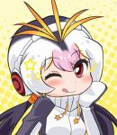  1girl ;q aotukidenjyurou black_hair blush chibi drawstring eyebrows_visible_through_hair kemono_friends long_hair looking_at_viewer low_twintails multicolored_hair one_eye_closed pink_hair red_eyes royal_penguin_(kemono_friends) solo star tongue tongue_out turtleneck twintails upper_body white_hair yellow_background 