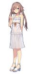  1boy blue_eyes blush brown_hair closed_mouth collarbone crossdressinging dress eyebrows_visible_through_hair high_heels highres long_hair looking_at_viewer middle_finger original solo trap twintails weiyinji_xsk white_dress 