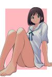  1girl bangs bare_legs barefoot brown_hair closed_mouth dress grey_eyes highres knees_up looking_at_viewer matsuse_daichi original pink_background sailor_collar sailor_dress short_hair short_sleeves sitting solo thighs toes two-tone_background white_background white_dress 