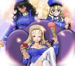  3girls :p bangs bc_freedom_(emblem) black_hair blonde_hair blouse blue_blouse blue_coat blue_eyes blue_hat boots breasts chair cleavage closed_mouth commentary_request dark_skin drill_hair fan flower folding_fan frown girls_und_panzer green_eyes hat highres holding holding_weapon large_breasts light_particles long_hair long_sleeves looking_at_viewer multiple_girls one_eye_closed rose serious sitting smile standing thigh-highs thigh_boots tongue tongue_out uniform weapon white_boots yoyokkun 