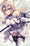  1girl armor armored_boots armored_dress banner black_legwear blonde_hair blue_eyes boots breasts breasts_apart eyebrows_visible_through_hair fate/apocrypha fate_(series) floating_hair highres holding holding_weapon large_breasts leaning_forward long_hair ruler_(fate/apocrypha) smile solo sword thigh-highs very_long_hair weapon 