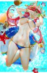  1girl animal_ears artist_name bare_legs barefoot bell bikini bikini_pull blue_bikini blurry bracelet breasts brown_eyes cleavage copyright_name depth_of_field drink el-zheng fate/grand_order fate_(series) fox_ears fox_tail from_below glint gluteal_fold groin hair_bell hair_ornament highres innertube jewelry large_breasts legs_crossed long_hair looking_away lying navel necklace o-ring_bikini o-ring_bottom on_stomach own_hands_together pink_hair side-tie_bikini solo sparkle starfish swimsuit tail tamamo_(fate)_(all) tamamo_no_mae_(swimsuit_lancer)_(fate) under_boob 