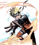  1boy blonde_hair blue_eyes cofffee facial_mark feet_out_of_frame fighting_stance foreshortening headband holding holding_knife jumpsuit knife kunai looking_at_viewer male_focus naruto_(series) orange_jumpsuit short_hair solo spiky_hair thigh_strap uzumaki_naruto weapon whisker_markings white_background 