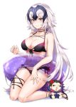  1girl arisaka_ako bangs bare_legs bikini black_bikini blush breasts caster_(fate/zero) character_doll cleavage clenched_teeth eyebrows_visible_through_hair fate/grand_order fate_(series) frilled_bikini frills front-tie_top full_body hand_up headpiece highres innertube jeanne_alter jitome kneeling large_breasts looking_at_viewer navel parted_lips ruler_(fate/apocrypha) sandals silver_hair simple_background solo swimsuit teeth thighs tsurime under_boob white_background yellow_eyes 
