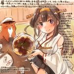  1girl ahoge animal bare_shoulders black_skirt brown_hair colored_pencil_(medium) commentary_request dated detached_sleeves double_bun food hairband hamster headgear japanese_clothes kantai_collection kirisawa_juuzou kongou_(kantai_collection) long_hair non-human_admiral_(kantai_collection) nontraditional_miko numbered okonomiyaki pleated_skirt ribbon-trimmed_sleeves ribbon_trim skirt smile traditional_media translation_request twitter_username violet_eyes wide_sleeves 