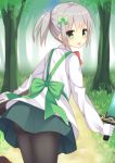  1girl bangs black_legwear blue_sky bow bowtie brown_shoes collared_shirt commentary_request day forest from_behind gloves green_apron green_bow green_eyes green_skirt grey_hair hair_between_eyes hair_bow holding holding_sword holding_weapon long_sleeves looking_at_viewer looking_back nature original outdoors pantyhose path pleated_skirt red_bow red_bowtie road scabbard sheath shirt shoes side_ponytail sidelocks skirt sky solo standing standing_on_one_leg sword tareme tree usagino_suzu weapon white_gloves white_shirt 