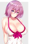  1girl bare_shoulders blush breasts cleavage fate/grand_order fate_(series) grey_background hair_over_one_eye highres large_breasts looking_at_viewer purple_hair sankakusui shielder_(fate/grand_order) short_hair solo violet_eyes white_border 