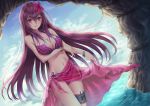  1girl :d absurdres bikini bracelet breasts cleavage collarbone day dutch_angle eyebrows_visible_through_hair fate/grand_order fate_(series) floating_hair flower hair_between_eyes hair_flower hair_ornament highres jewelry large_breasts looking_at_viewer navel open_mouth outdoors purple_hair red_bikini red_flower sarong scathach_(fate/grand_order) see-through skirt_hold smile solo swimsuit thigh_strap tobychou violet_eyes 