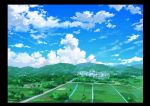  absurdres blue_sky border building city clouds cloudy_sky commentary_request day highres hirota_(masasiv3) house landscape mountain mountainous_horizon nature no_humans outdoors river road scenery sky 