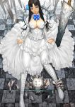  1girl ariverkao black_hair blue_eyes breasts checkered checkered_floor cleavage dated detached_collar dress flower hair_flower hair_ornament large_breasts long_hair monster original signature sitting skeleton solo sword weapon white_dress 
