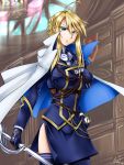  1girl ahoge artoria_pendragon_(all) artoria_pendragon_lancer_(fate/grand_order) braid breasts cape fate/grand_order fate_(series) french_braid from_below gloves highres holding holding_sword holding_weapon large_breasts omega_na_hito scabbard sheath side_slit sidelocks skindentation smirk solo stained_glass sword thigh-highs unsheathed weapon 