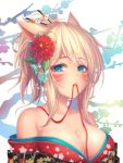  1girl animal_ears blonde_hair blue_eyes breasts cat_ears cleavage collarbone eyebrows_visible_through_hair final_fantasy final_fantasy_xiv flower hair_flower hair_ornament large_breasts looking_at_viewer miqo&#039;te mouth_hold short_hair solo tiphereth upper_body 