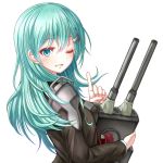  1girl blush eyebrows_visible_through_hair green_eyes green_hair index_finger_raised kantai_collection long_sleeves looking_at_viewer one_eye_closed parted_lips smile solo suzuya_(kantai_collection) teeth upper_body yatsu_seisakusho 