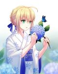  1girl absurdres ahoge artoria_pendragon_(all) blonde_hair blue_flower blue_ribbon butterfly eyebrows_visible_through_hair fate/stay_night fate_(series) flower green_eyes hair_ornament hair_ribbon highres holding holding_flower hydrangea japanese_clothes kimono obi ribbon saber sash short_hair_with_long_locks sidelocks solo standing upper_body white_background white_kimono yukata 